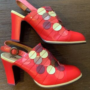 John Fluevog 10 Red Heels with Purple and Pink Details
